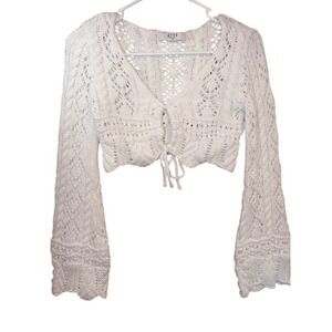 Grey Bandit White Crochet Tie FrontCroppedCardigan Pointelle Knit Sweater Small‎